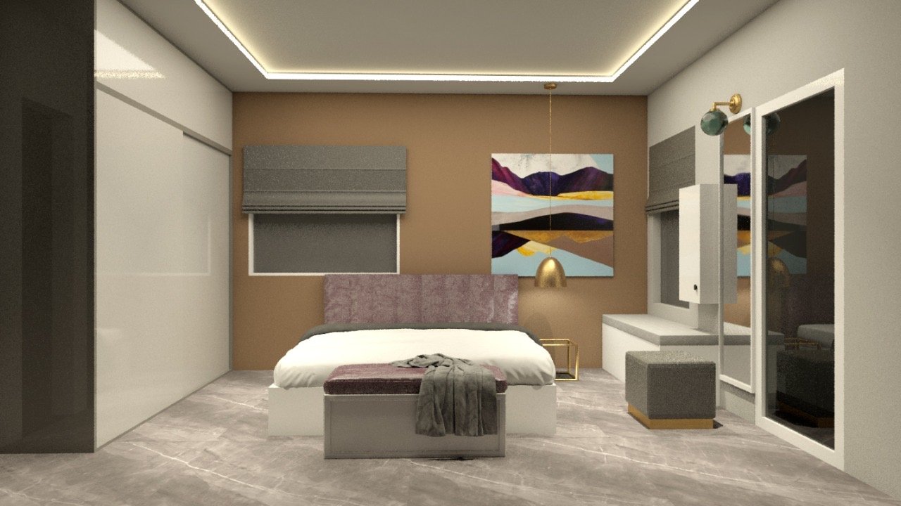 Warm taupe bedroom with pendant lighting by Humming House