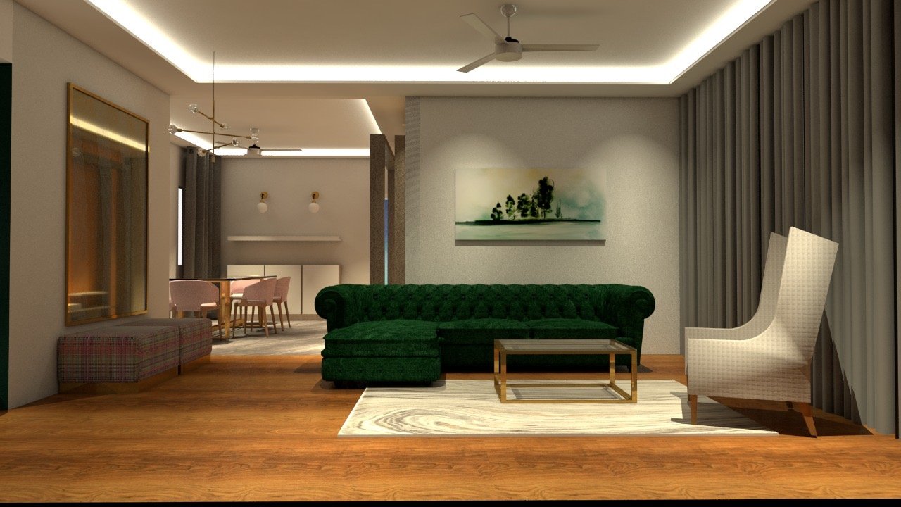 Open plan living room with green velvet sofa by Humming House