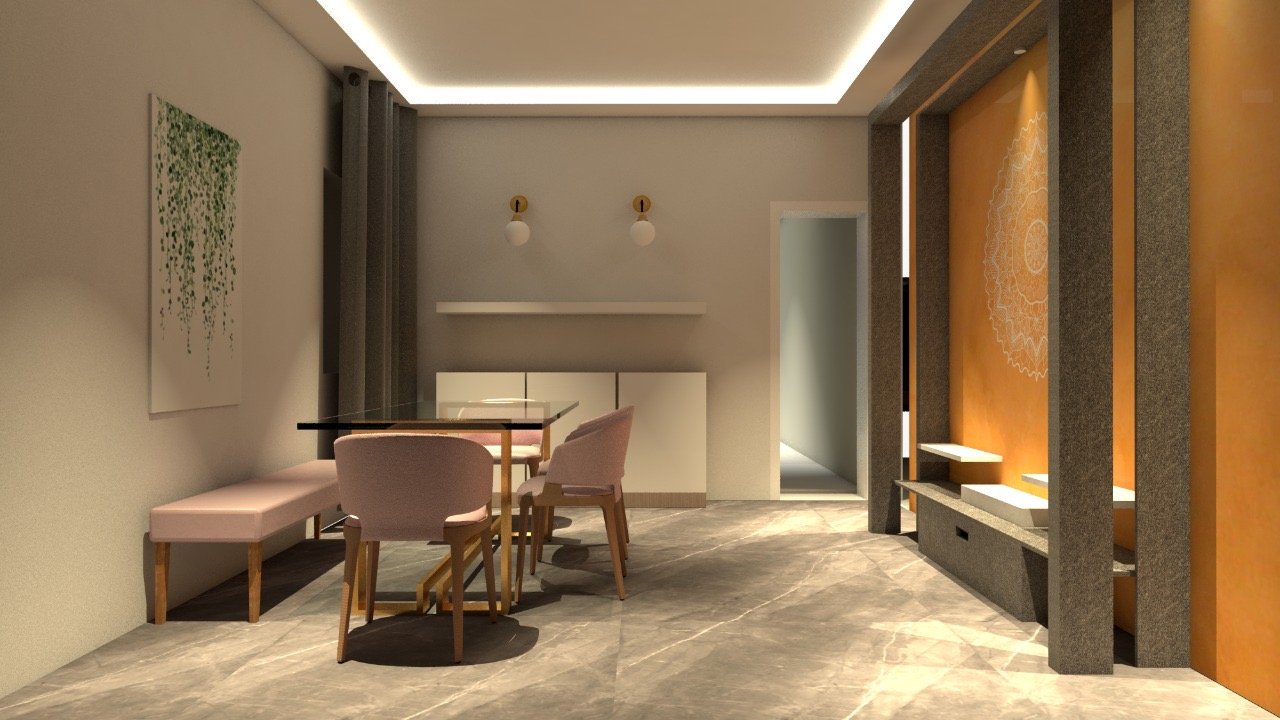 Dining room with mandala feature wall by Humming House