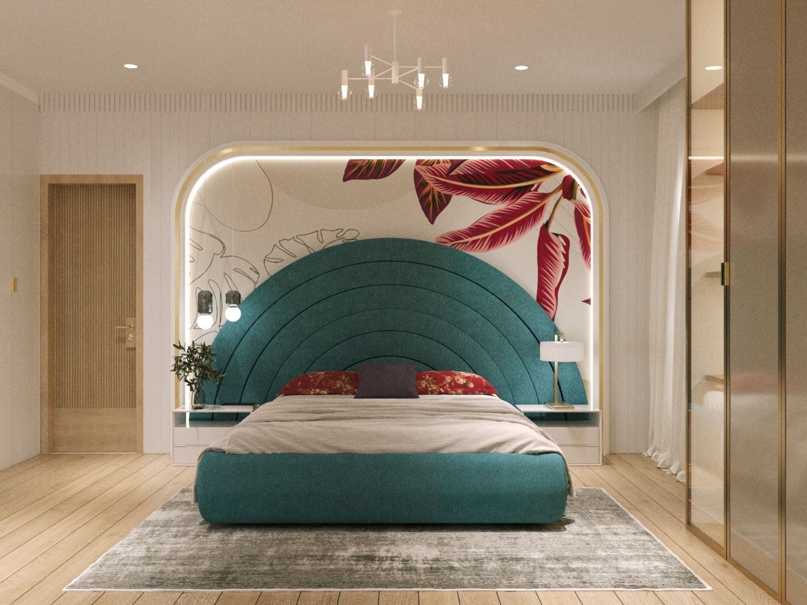 Botanical arch bedroom with teal headboard and floral mural by Humming House