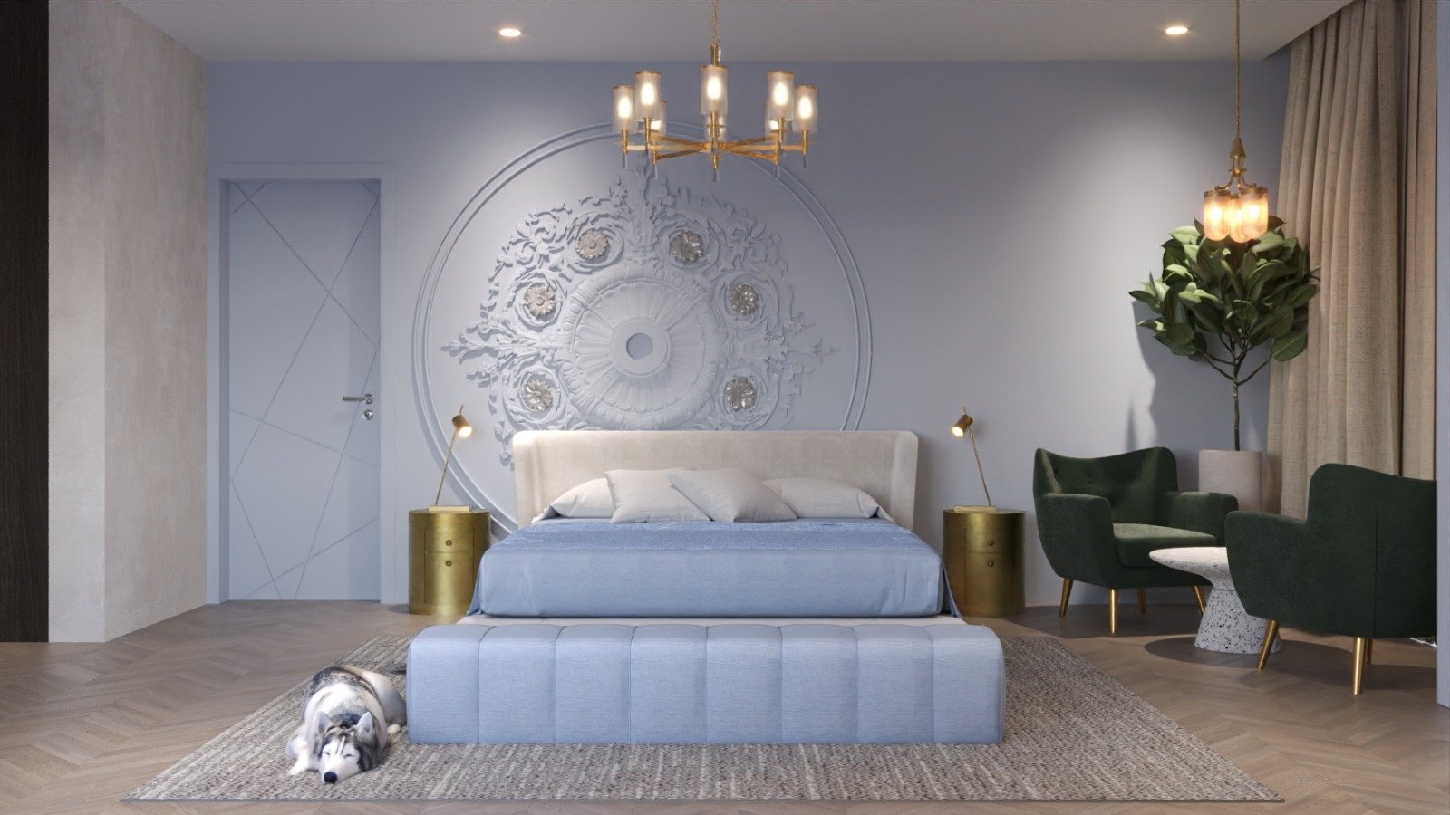 Sculptural periwinkle master bedroom by Humming House
