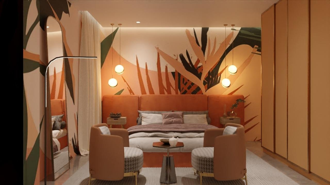 Terracotta bedroom with tropical mural by Humming House