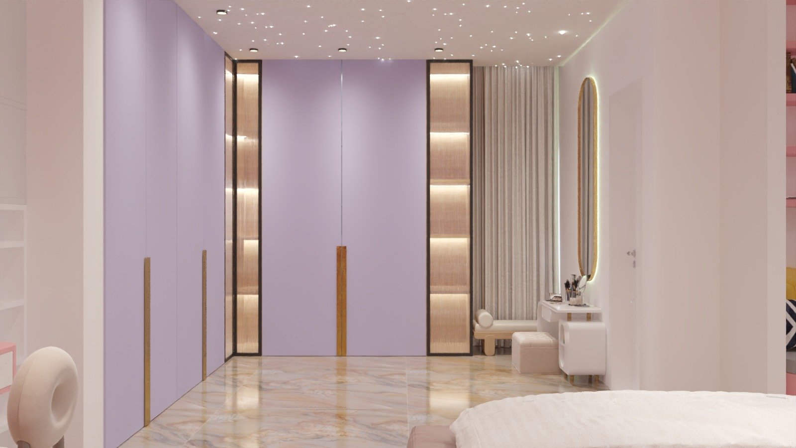 Lilac teen bedroom with star ceiling by Humming House