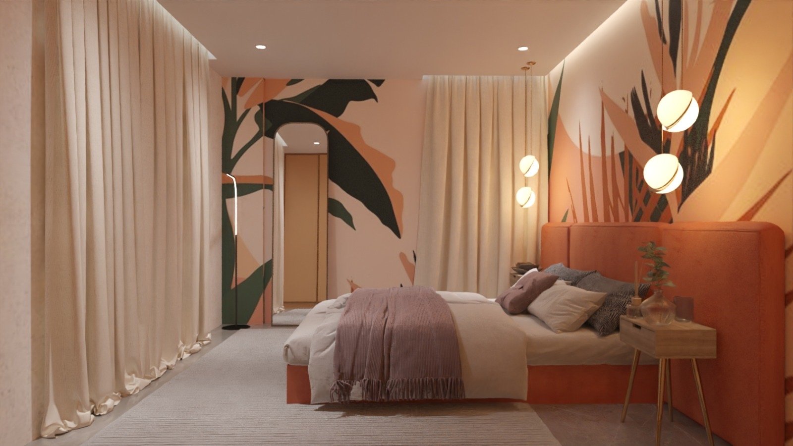 Sunset bedroom suite with terracotta headboard by Humming House