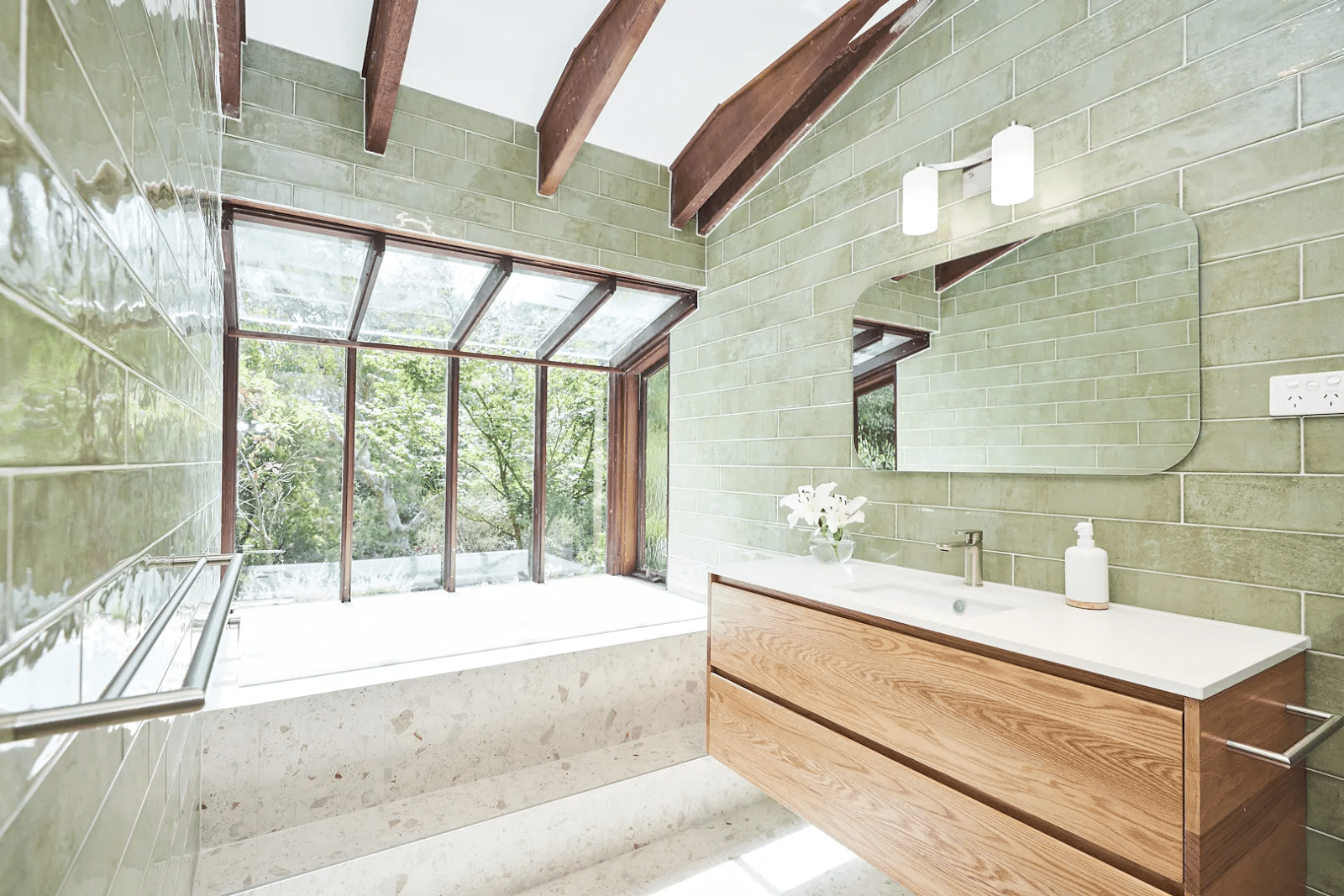 Spa-inspired bathroom with stone and wood